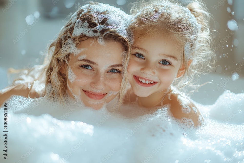Playful mother and daughter having fun with soap foam, Generative AI Playful mother and daughter having fun with soap foam, Generative AI