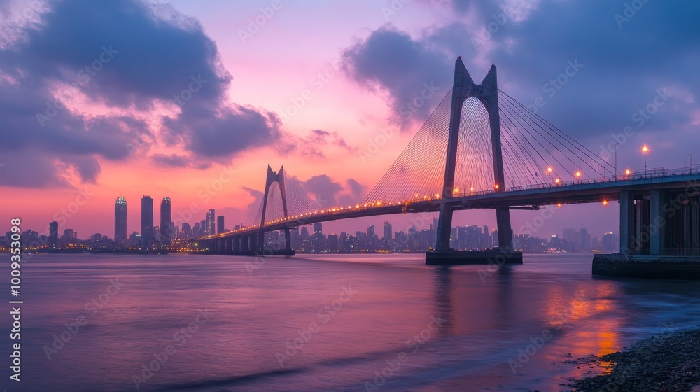 A bridge with lights on it during sunset with buildings in the background. A bridge with lights on it during sunset with buildings in the background.