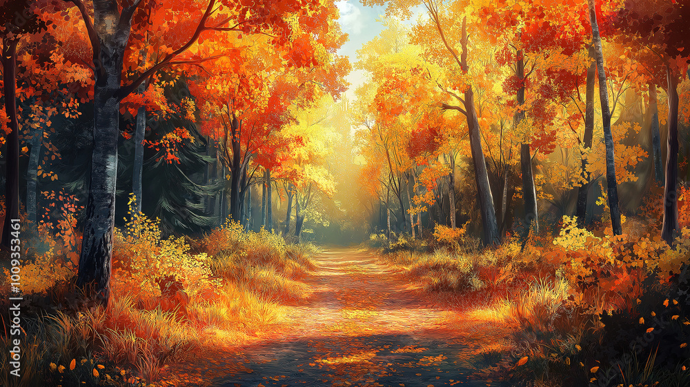 Autumn Forest Scenery Featuring a Road Covered in Fall Leaves and Warm Light Illuminating Golden Foliage Autumn Forest Scenery Featuring a Road Covered in Fall Leaves and Warm Light Illuminating Golden Foliage