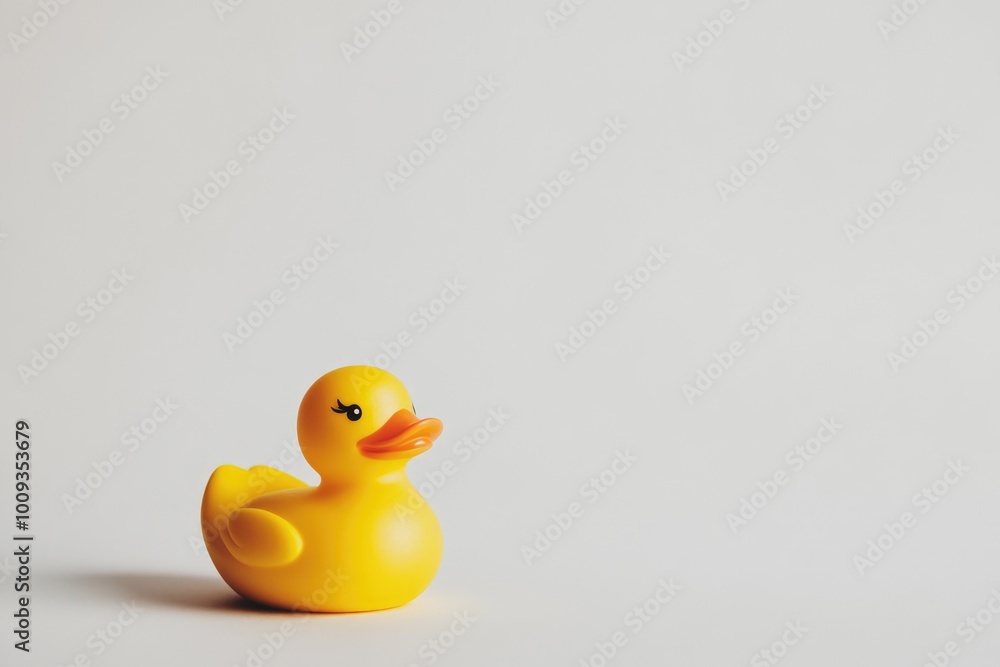 A bright yellow rubber duck sits on a clean white surface, ready for play or display A bright yellow rubber duck sits on a clean white surface, ready for play or display