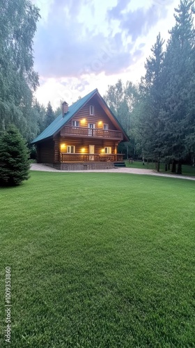 Nestled in a tranquil forest, a wooden house features warm brown tones, a small window, and is enveloped by verdant grass, trees, and bushes