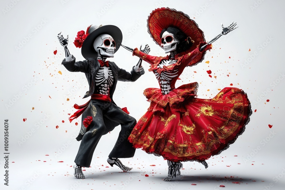 Obraz premium A couple of skeletons dressed in a red dress dance together, a spooky and fun scene