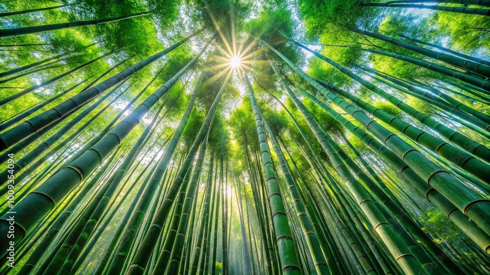 Lush Bamboo Forest with Tall Green Stems and Sunlight Filtering Through the Dense Canopy Above Lush Bamboo Forest with Tall Green Stems and Sunlight Filtering Through the Dense Canopy Above