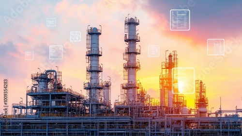 Oil refinery at sunset, showcasing industrial structures against a colorful sky.