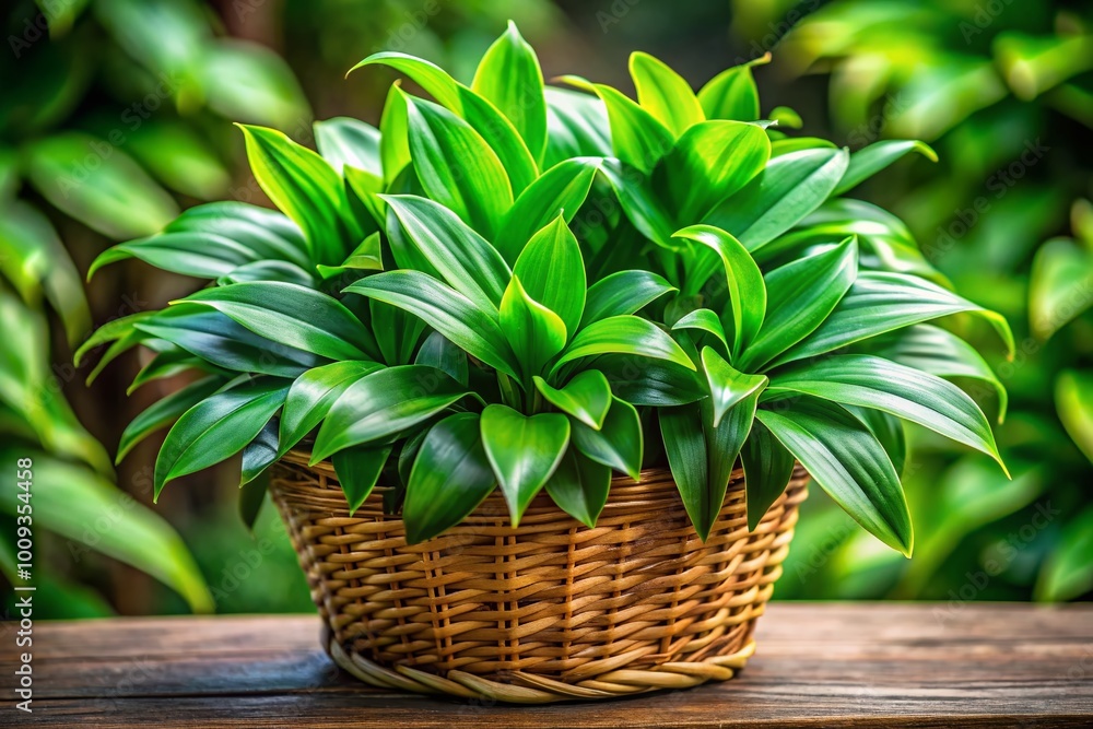 Fototapeta premium Lush Callisia Fragrans Plant in a Decorative Basket Showcasing Its Vibrant Green Foliage and Texture
