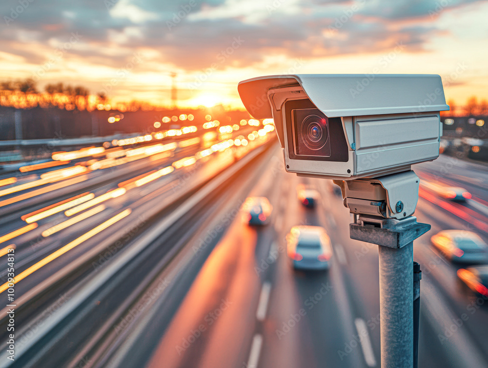 A camera is mounted on a pole on a busy street A camera is mounted on a pole on a busy street