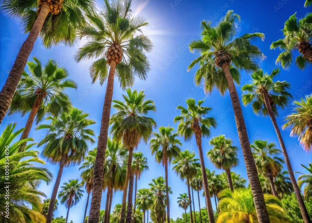 Lush European Palm Trees Against a Clear Blue Sky in a Tropical Paradise Setting for Relaxation Lush European Palm Trees Against a Clear Blue Sky in a Tropical Paradise Setting for Relaxation