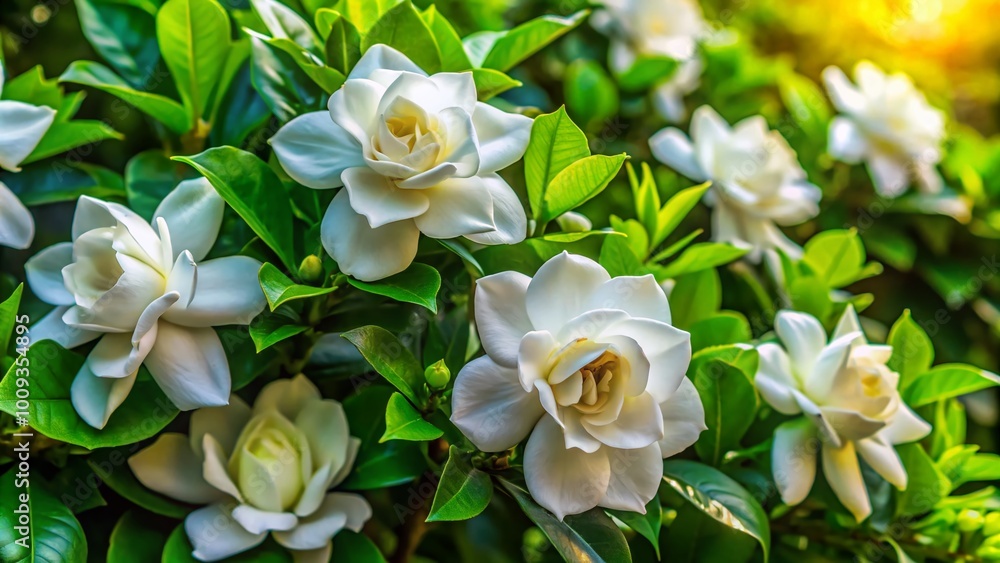 Fototapeta premium Lush Gardenia Bushes in Bloom Showcasing Beautiful White Flowers Against a Green Foliage Background