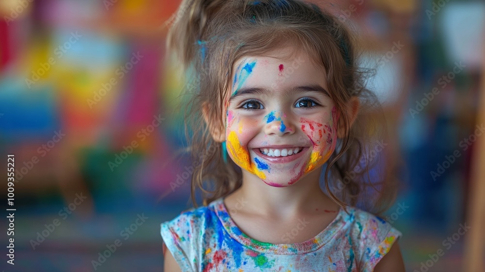 A child with a joyful expression, her face and clothes covered in colorful paint, participating in a fun and messy art activity with a lively background A child with a joyful expression, her face and clothes covered in colorful paint, participating in a fun and messy art activity with a lively background