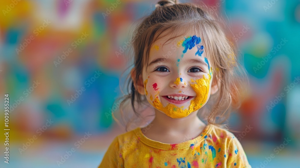 A little girl with colorful paint on her face smiling happily, showcasing creativity, joy, and the playful spirit of childhood A little girl with colorful paint on her face smiling happily, showcasing creativity, joy, and the playful spirit of childhood