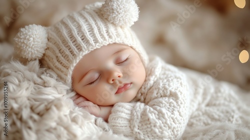 A close-up of a peaceful newborn baby sleeping in a cozy white knitted outfit and hat with pom-poms, nestled on a soft, fluffy blanket 