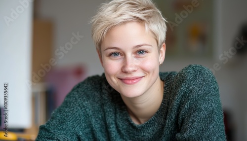 A young woman with short blond hair smiling warmly, wearing a cozy green sweater.