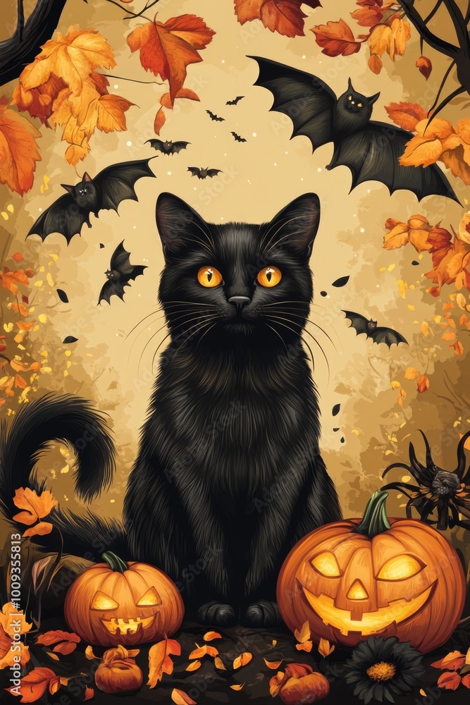 A black cat sits amidst a patch of pumpkins A black cat sits amidst a patch of pumpkins