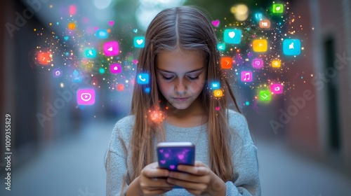 A girl holding her smartphone with social media icons floating above it, representing the use of digital marketing for child safety and protection on online platforms 