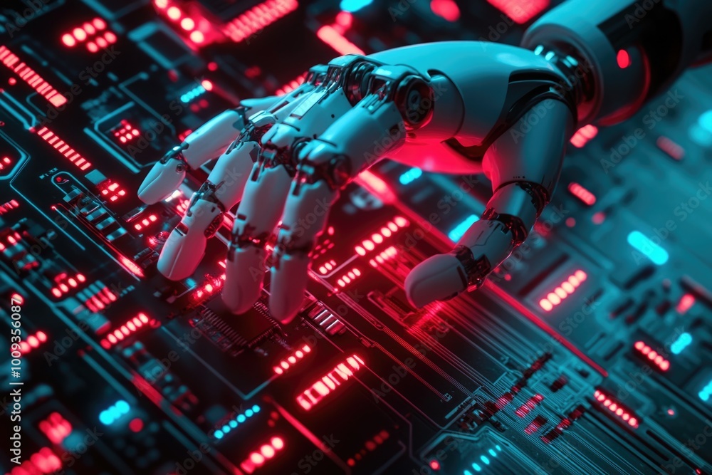 A robotic hand interacting with electronic components A robotic hand interacting with electronic components