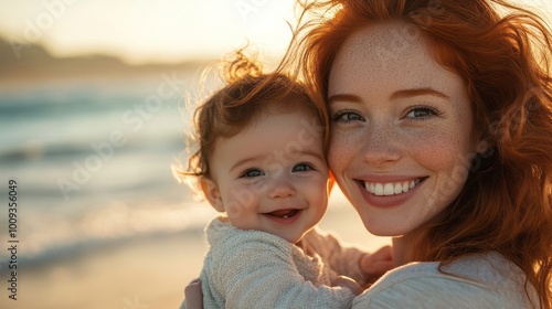 A happy redheaded mother holding her smiling baby on a sunny beach, with the ocean