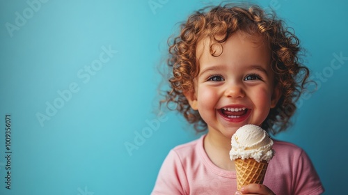 A joyful toddler with curly hair, laughing and holding a vanilla ice cream cone against a bright blue background  photo