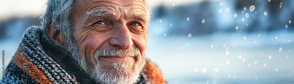 A man with a beard and white hair is smiling in the snow