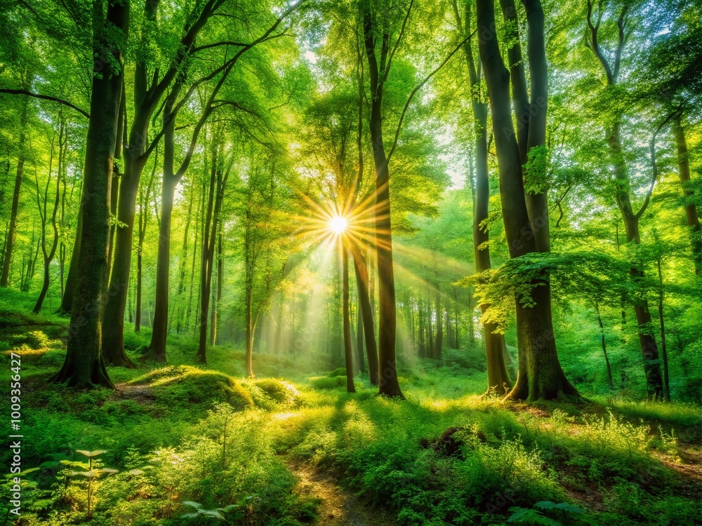 Fototapeta premium Lush Green Forest Landscape with Sunlight Filtering Through Leaves Creating a Serene Atmosphere