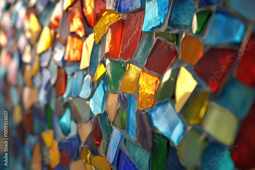 Close-up shot of a colorful mosaic glass wall with intricate designs and patterns photo