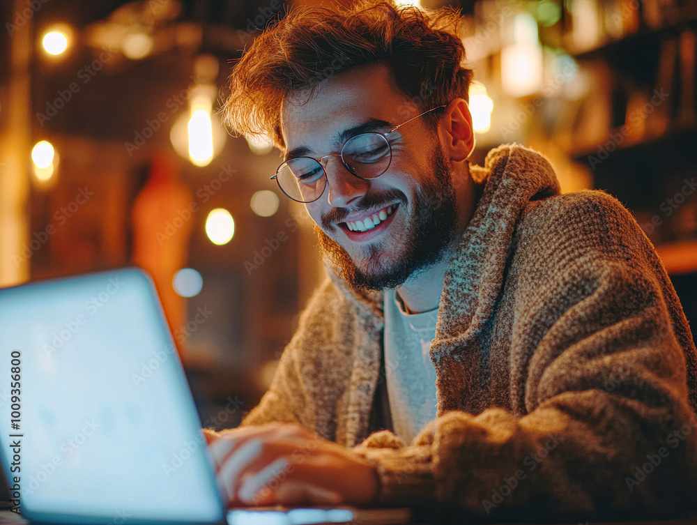 A man is sitting at a table with a laptop in front of him, smiling A man is sitting at a table with a laptop in front of him, smiling