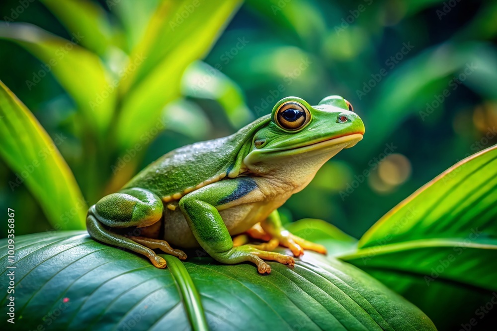 Lush Green Frog Sitting on a Leaf in a Serene Natural Habitat Amidst Vibrant Flora and Fauna Lush Green Frog Sitting on a Leaf in a Serene Natural Habitat Amidst Vibrant Flora and Fauna