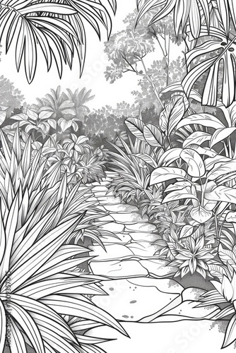 Wallpaper Mural Coloring book illustration of a walking path in a lush garden setting Torontodigital.ca