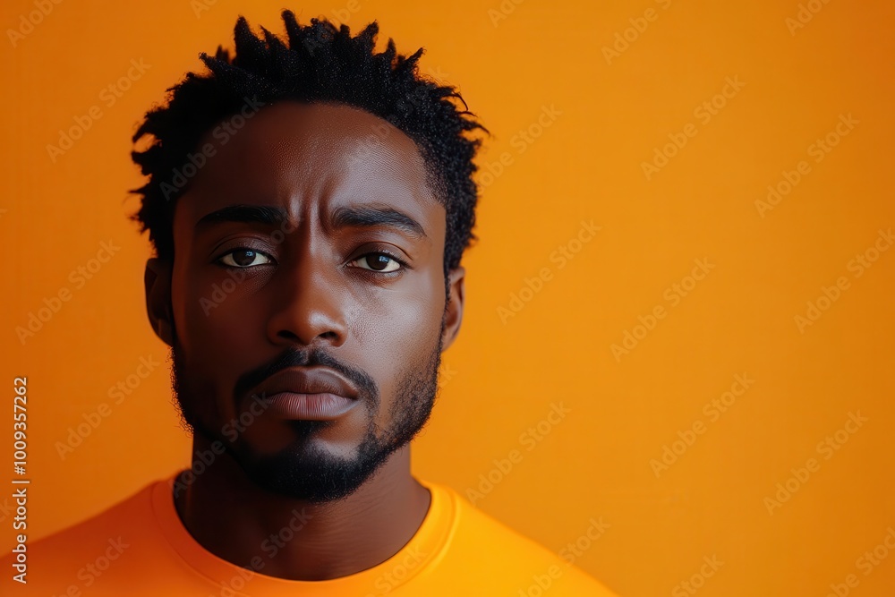 a perplexed african american man in a bright orange top against a matching orange background capturing a moment of confusion and deep thought with ample copy space a perplexed african american man in a bright orange top against a matching orange background capturing a moment of confusion and deep thought with ample copy space