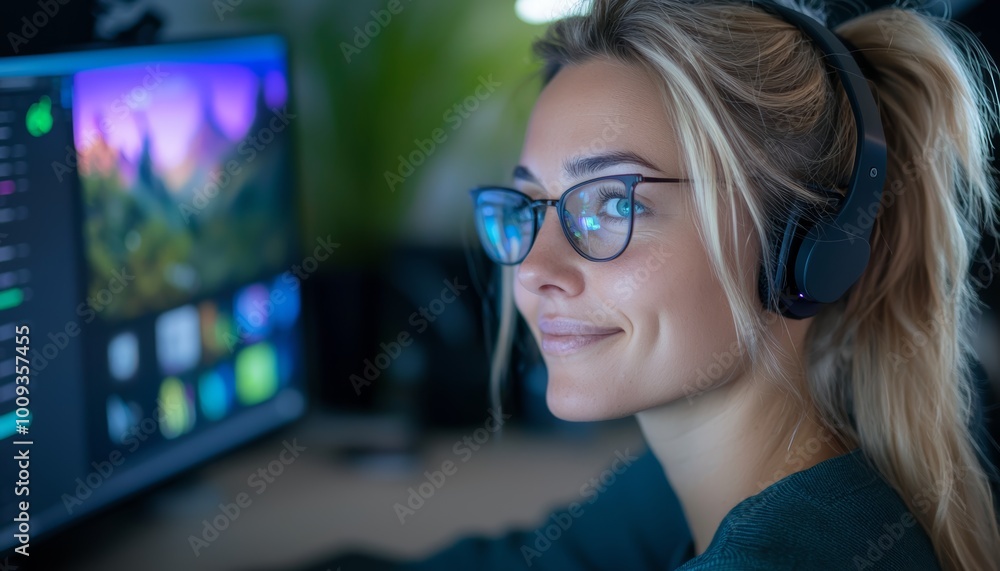 A happy American woman using her desktop computer to join a video call, with a neat and organized home office behind her. A happy American woman using her desktop computer to join a video call, with a neat and organized home office behind her.