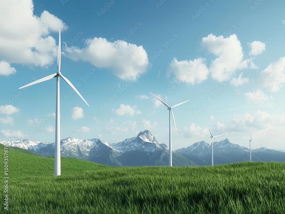 Wind turbines along a mountain range linked to a high-tech smart grid system, energy innovation in natural landscapes Wind turbines along a mountain range linked to a high-tech smart grid system, energy innovation in natural landscapes