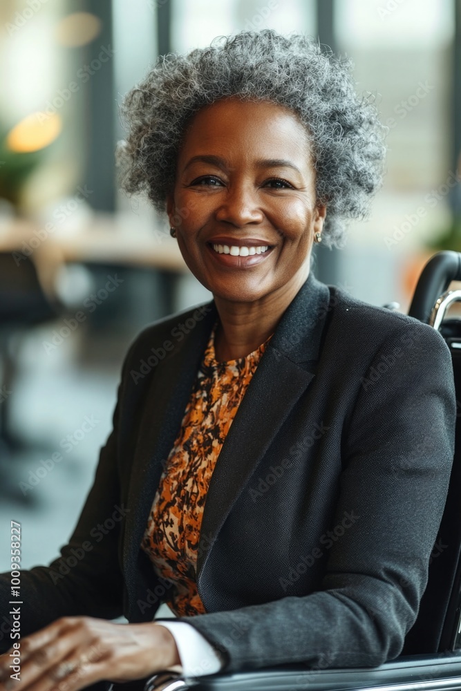 A happy woman sitting in a wheelchair, smiling and looking confident A happy woman sitting in a wheelchair, smiling and looking confident