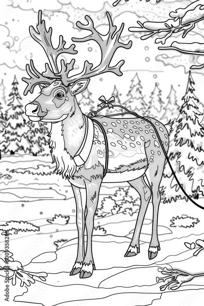 Naklejka premium Coloring book illustration of a reindeer on a leash in a snowy forest scene