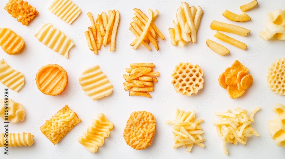 Assorted Frozen French Fry Varieties on White Background Assorted Frozen French Fry Varieties on White Background