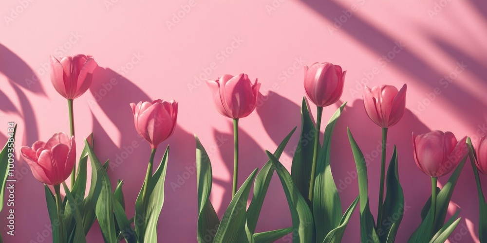 A group of pink tulips standing tall against a bright pink wall A group of pink tulips standing tall against a bright pink wall