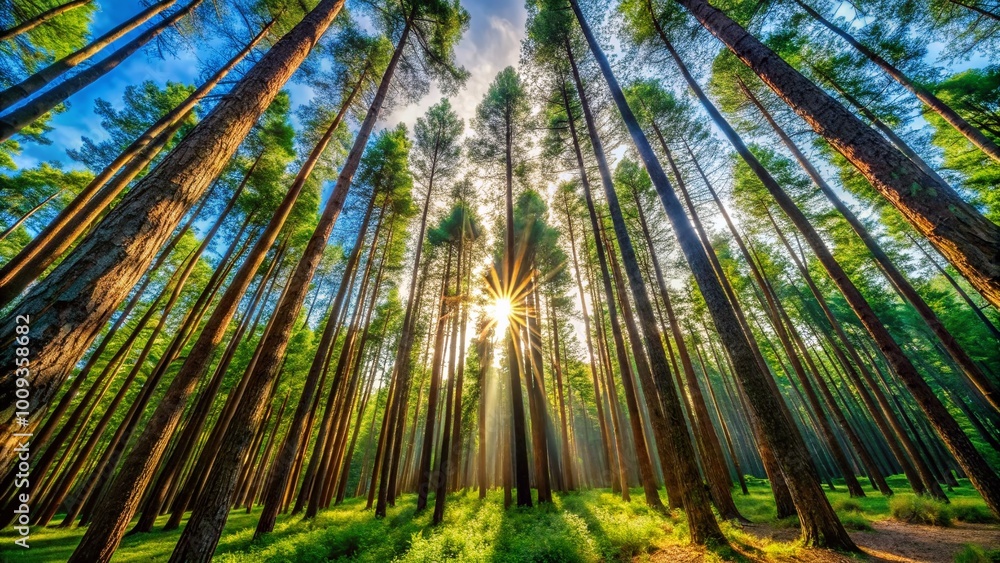 Lush Green Pine Forest with Tall Trees and Sunlight Filtering Through the Canopy in Nature Scene Lush Green Pine Forest with Tall Trees and Sunlight Filtering Through the Canopy in Nature Scene