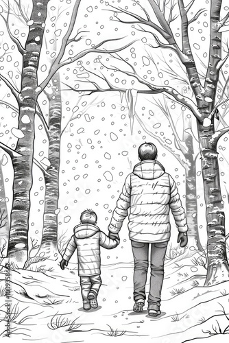 Coloring book illustration of a joyful father walking hand in hand with his son in a snowy forest