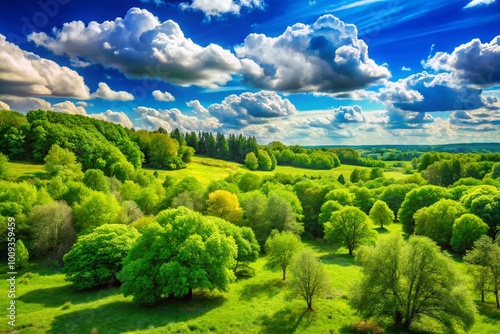 Lush Green Trees Under a Bright Blue Sky with Fluffy White Clouds on a Sunny Day in Nature