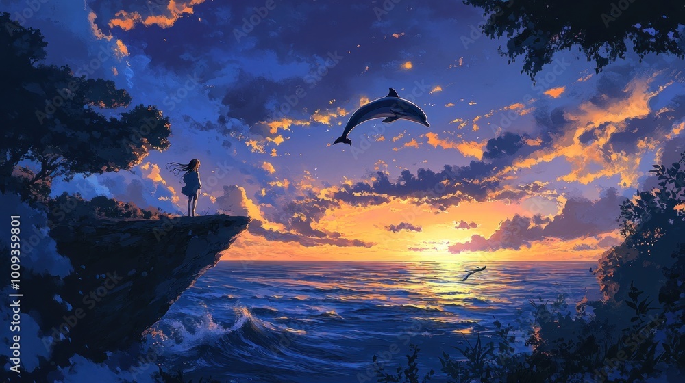 Fototapeta premium A serene sunset scene with a person on a cliff, a dolphin leaping, and vibrant clouds.