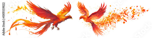 Set of a phoenix, flying from the top left to bottom right,  fantasy style, isolated on a transparent background.