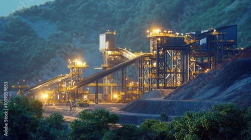 Industrial coal mining facility with a working conveyor belt transporting coal