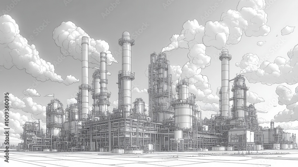 line drawing of an industrial landscape featuring an oil refinery plant illustrated with a stylized sky above emphasizing the complexity of industrial environments and their impact on nature line drawing of an industrial landscape featuring an oil refinery plant illustrated with a stylized sky above emphasizing the complexity of industrial environments and their impact on nature