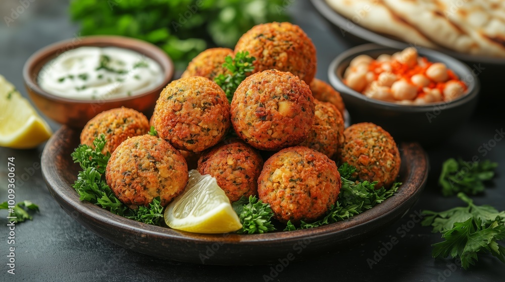Freshly cooked falafel balls being served with tahini sauce and pita bread Freshly cooked falafel balls being served with tahini sauce and pita bread