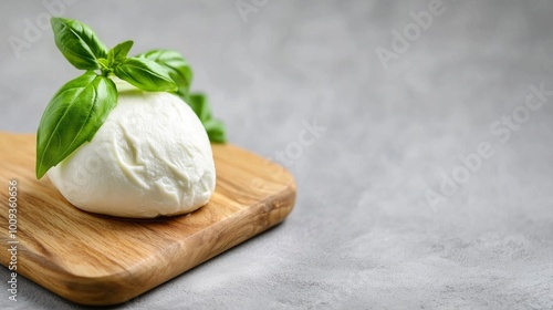 mozzarella cheese ball on a wooden board with basil leaves with grainy gray background photo