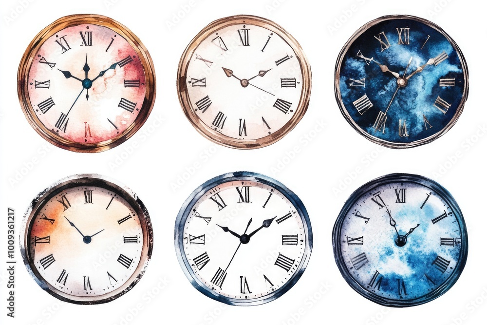 Four different clocks with Roman numerals for various times and occasions Four different clocks with Roman numerals for various times and occasions