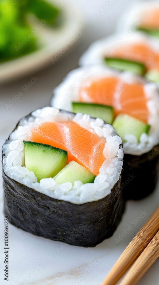 Viewed from above, sushi rolls with rice, avocado, tomato, cucumber slices, and pink salmon on top. Viewed from above, sushi rolls with rice, avocado, tomato, cucumber slices, and pink salmon on top.