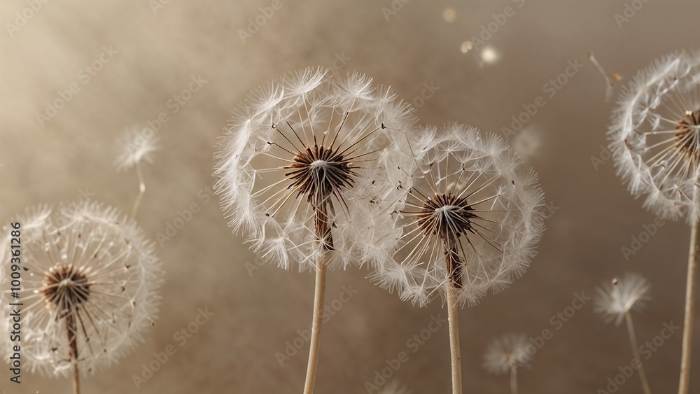Dandelions releasing seeds in a soft golden light. Dandelions releasing seeds in a soft golden light.
