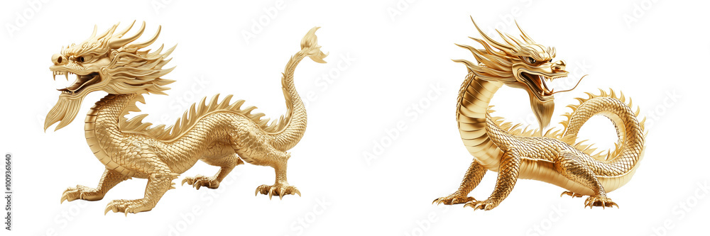 Fototapeta premium Set of a Golden Chinese dragon, isolated on a transparent background.