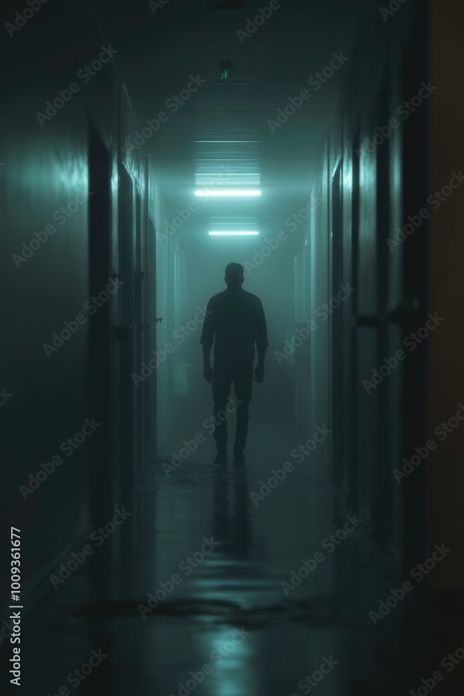 A person walking alone in a dimly lit hallway A person walking alone in a dimly lit hallway