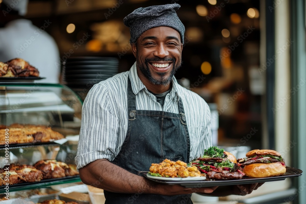 Smiling cafe owner holding a tray of food, Generative AI Smiling cafe owner holding a tray of food, Generative AI