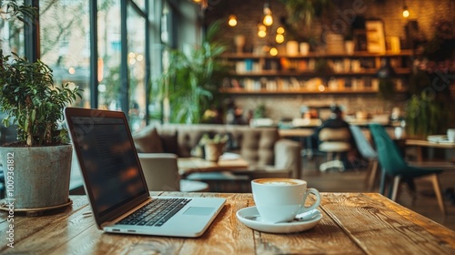 Laptop, Coffee Cup, and Plant on Wooden Table in a Cozy Cafe Interior